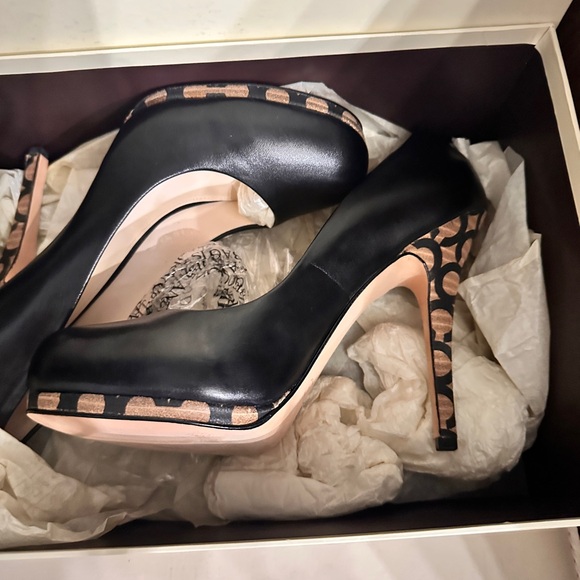 Coach Shoes - Coach ‘Alexa’ Black Leather High Heels with Signature Brown Accent -NIB